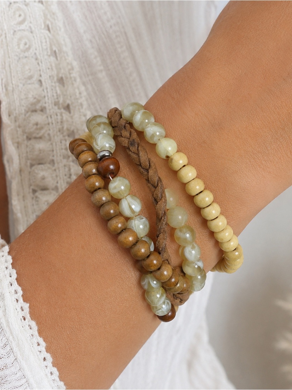 Boho Multi Strand Wood Bead Turquoise Faux Suede Bracelet